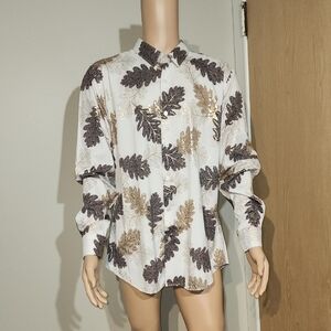 Gold and White Casual Button Down Shirt with Nature-Inspired Design